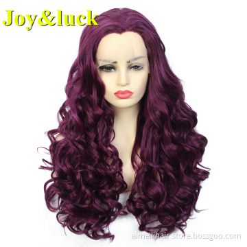 27 inch Front Lace Women Wholesale Prices Wig For Cosplay Party Long Water Wave Purple Color Curly Synthetic Ladies Hair Wigs